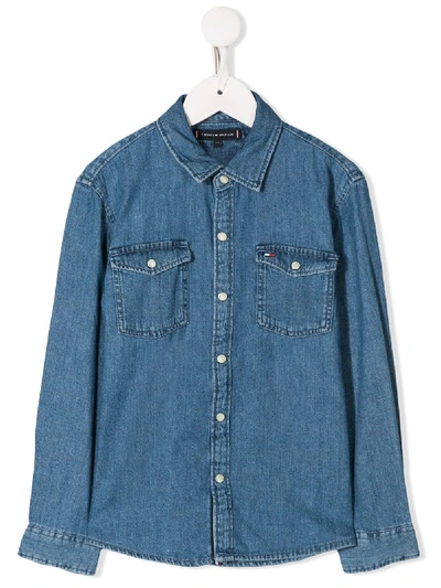 Shop Tommy Hilfiger Junior Rigid Denim Shirt In Blue