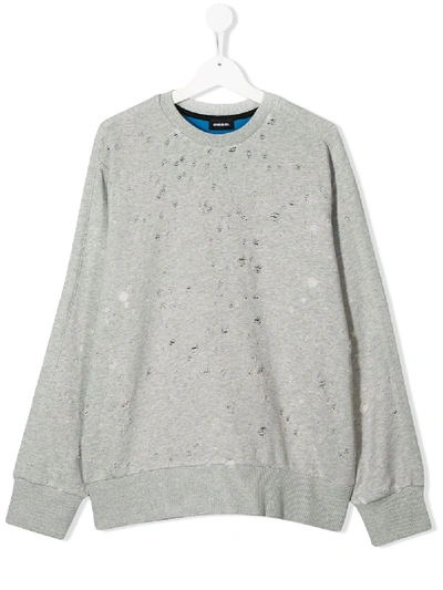 Shop Diesel Teen Distressed Crew Neck Sweatshirt In Grey