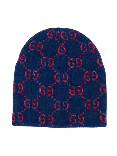 Shop Gucci Gg Knitted Beanie In Blue