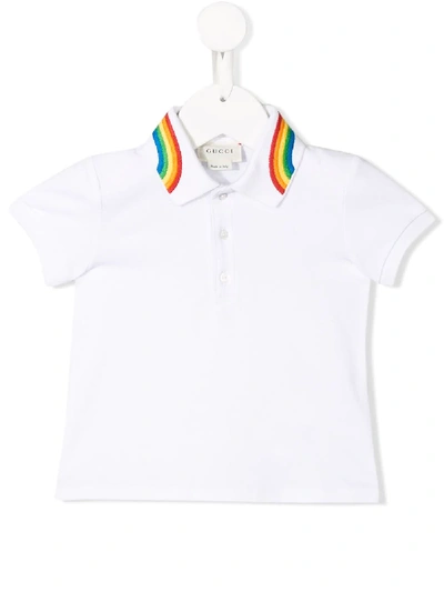 Shop Gucci Rainbow Embroidered Collar Polo Shirt In White