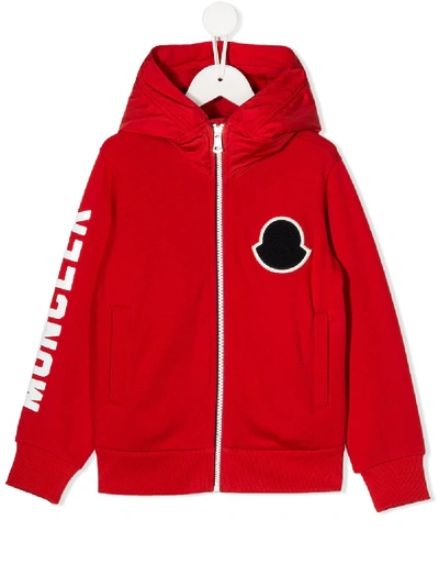 Shop Moncler Patch Logo Zipped Hoodie In Red