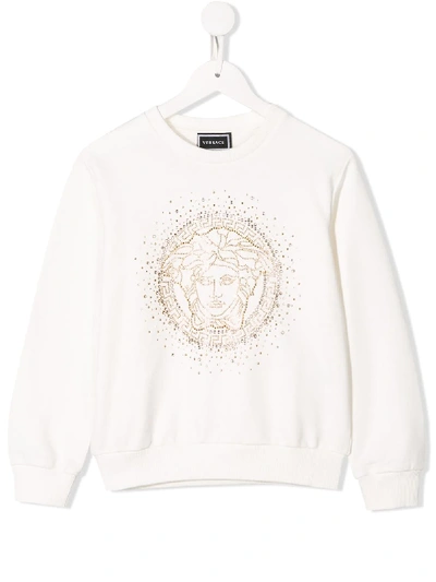 Shop Young Versace Embellished Medusa Sweatshirt In White