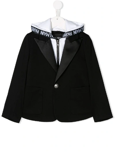 Shop Balmain Branded Hybrid Hoodie Blazer In Black