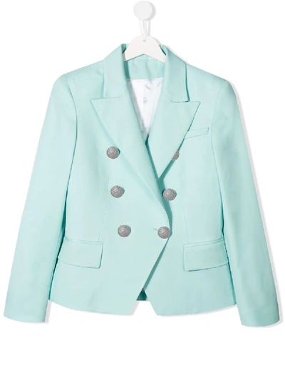 Shop Balmain Teen Double-breasted Blazer In Blue