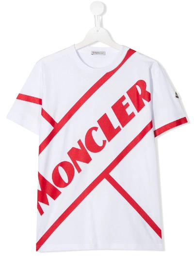 Shop Moncler Teen Striped Logo Print T-shirt In White