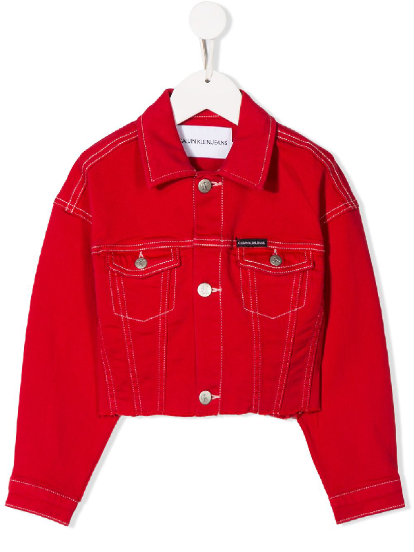 red cropped jean jacket