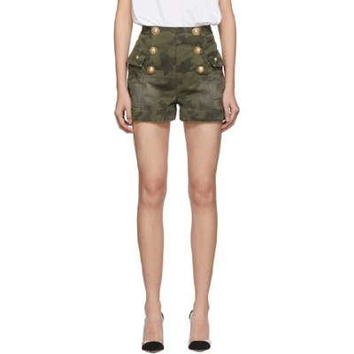 Shop Balmain Green Denim Camouflage 6-button Shorts In 7ua Kaki