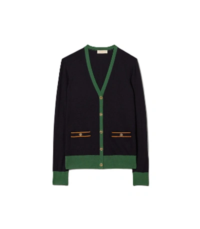 Shop Tory Burch Madeline Contrast-trim Cardigan In Medium Navy/nordic Green/bias Orange