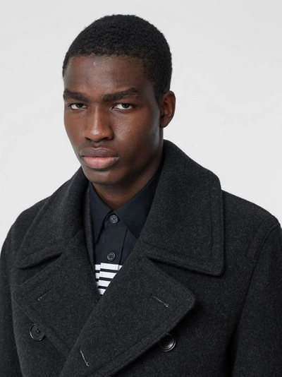 Shop Burberry Striped Cuff Wool Pea Coat In Black