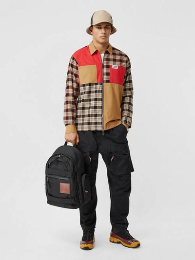 Shop Burberry Colour Block And Check Cotton Zip-front Shirt In Black