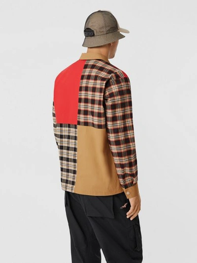 Shop Burberry Colour Block And Check Cotton Zip-front Shirt In Black