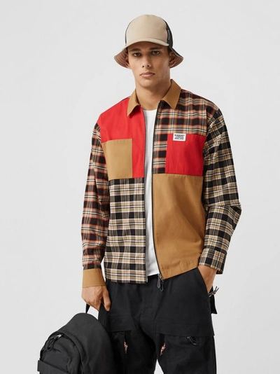 Shop Burberry Colour Block And Check Cotton Zip-front Shirt In Black