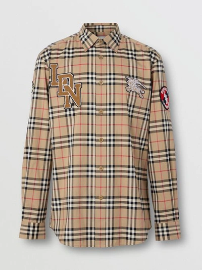 Shop Burberry Classic Fit Logo Graphic Vintage Check Cotton Shirt In Archive Beige
