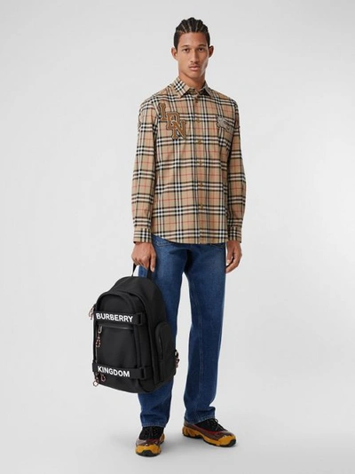 Shop Burberry Classic Fit Logo Graphic Vintage Check Cotton Shirt In Archive Beige