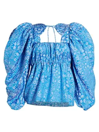Shop Rosie Assoulin Printed Silk Balloon-sleeve Top In Delft Blue