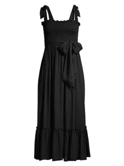 Shop Coolchange Priscilla Solid Tie Midi Flounce Dress In Black