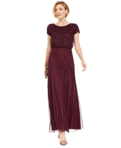 Shop Adrianna Papell Beaded Short-sleeve Gown In Cassis Red