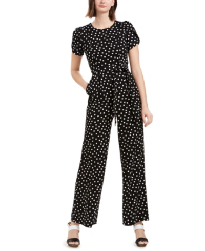 Shop Calvin Klein Polka Dot Tulip Sleeve Jumpsuit In Black/cream
