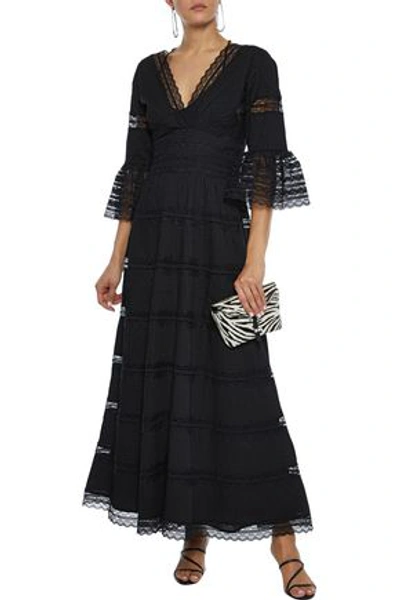 Shop Antik Batik Mary Pintucked Lace-paneled Cotton Maxi Dress In Black