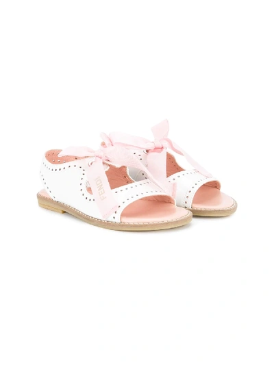 Shop Fendi Logo Lace Perforated Sandals In White