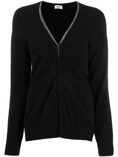 Saint Laurent Embellished Trim Cardigan In Black
