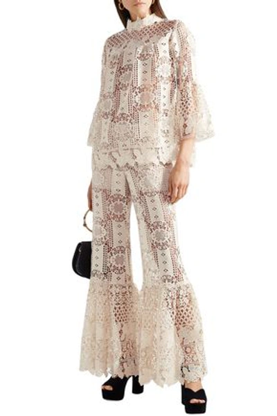 Shop Anna Sui Guipure Lace Flared Pants In Cream