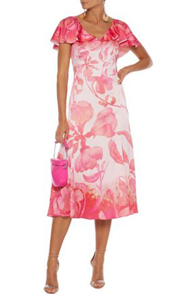 Shop Peter Pilotto Ruffled Floral-print Hammered Silk-blend Satin Dress In Pink