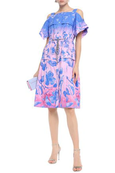 Shop Peter Pilotto Cold-shoulder Flared Floral-print Cotton-poplin Dress In Blue