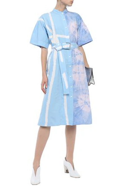 Shop Proenza Schouler Belted Flared Tie-dyed Cotton-poplin Midi Dress In Light Blue