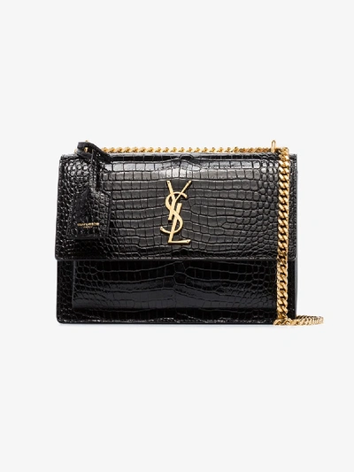 Shop Saint Laurent 'sunset' Schultertasche Im Kroko-look In Black