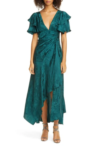 Shop Tanya Taylor Clementine Ruffle Sleeve Silk Maxi Dress In Hunter Green