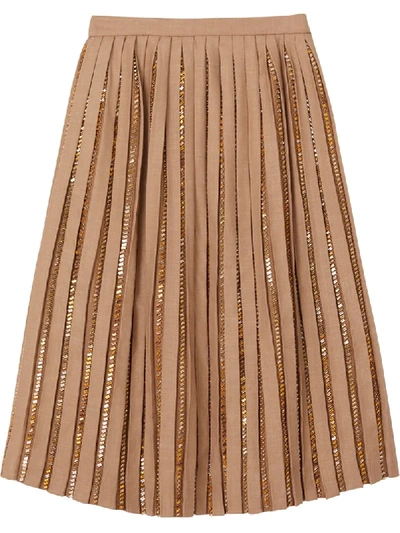 Shop Burberry Crystal Detail Plissé Soleil Wool Silk Blend Skirt In Neutrals