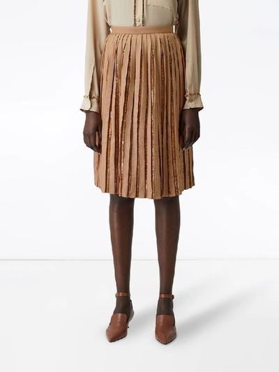 Shop Burberry Crystal Detail Plissé Soleil Wool Silk Blend Skirt In Neutrals