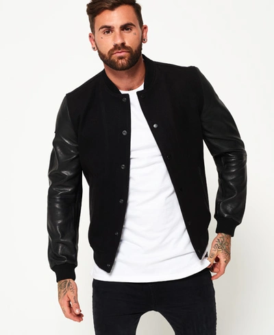 Shop Superdry Varsity Wool Leather Bomber Jacket In Black