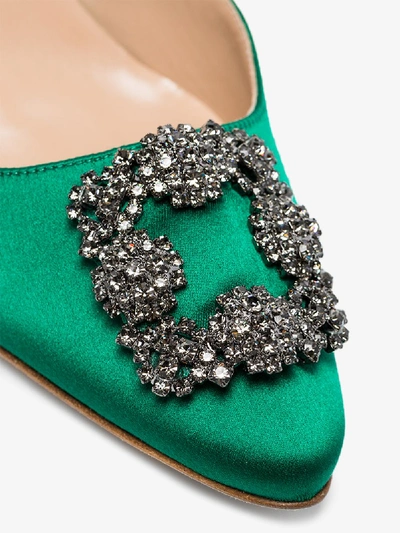 Shop Manolo Blahnik Green Hangisi 70 Satin Slingback Pumps