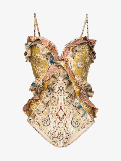 Shop Zimmermann Ruffled Paisley Swimsuit In Pink