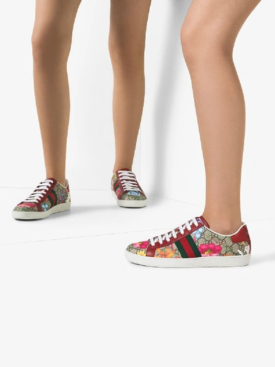 Shop Gucci Multicoloured New Ace Floral Sneakers In Brown