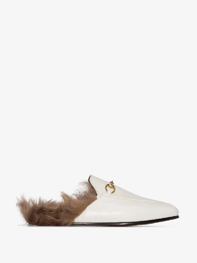 Shop Gucci Womens White Princetown Shearling Leather Slippers