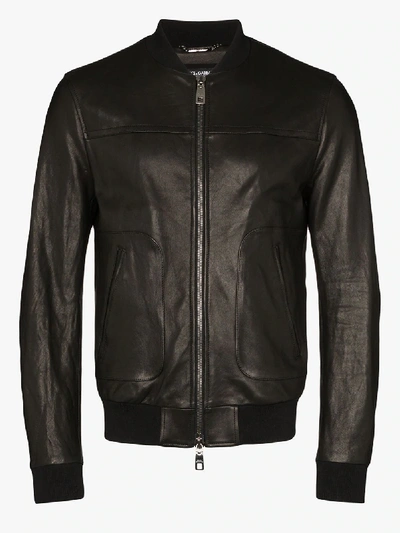 Shop Dolce & Gabbana Logo Plaque Leather Bomber Jacket In Black