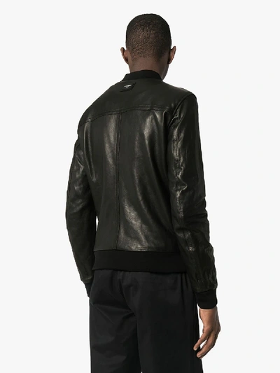 Shop Dolce & Gabbana Logo Plaque Leather Bomber Jacket In Black