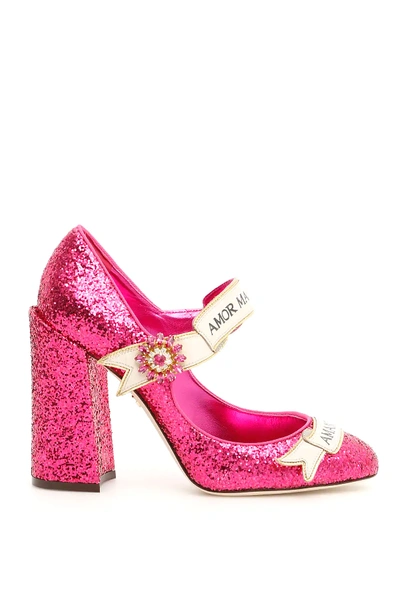 Shop Dolce & Gabbana Glitter Mary Jane Pumps In Fuchsia
