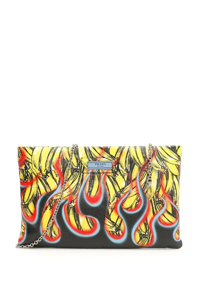Shop Prada Bananas And Flames Clutch In Yellow,black,red