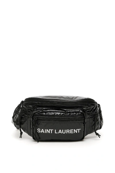 Shop Saint Laurent Logo Nylon Beltbag In Black,silver