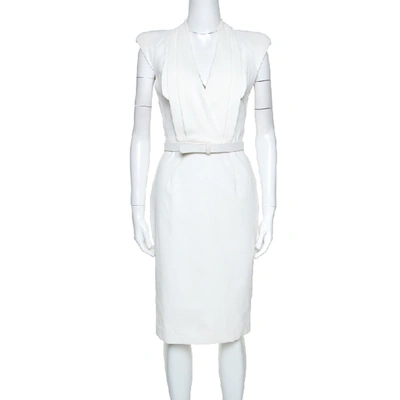 Pre-owned Alexander Mcqueen White Cotton Pleated Neck Detail Belted Dress S