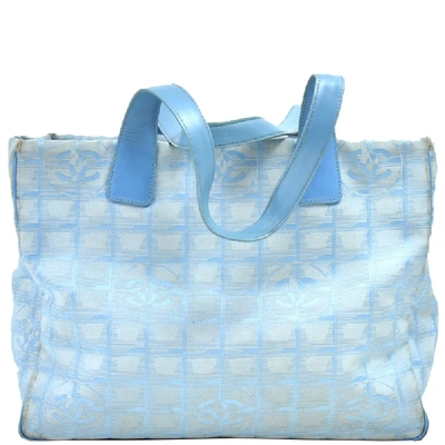 Pre-owned Chanel Light Blue Jacquard Nylon Travel Line Medium Tote Bag