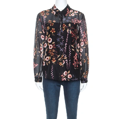 Pre-owned Emporio Armani Black Floral Print Sheer Cotton And Silk Button Front Shirt M