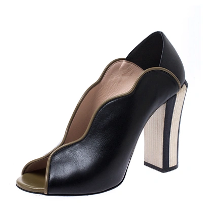 Pre-owned Fendi Black/olive Green Wave Leather Foldable Heel Peep Toe Pumps Size 38