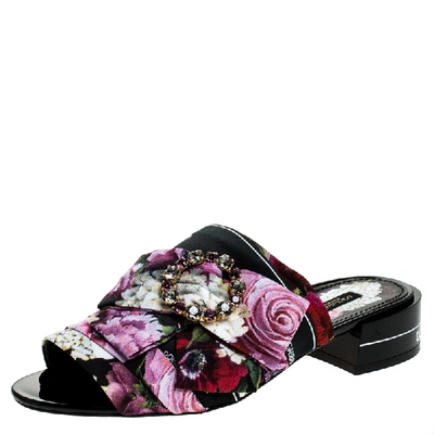 Pre-owned Dolce & Gabbana Multicolor Floral Printed Fabric Crystal Embellished Bow Open Toe Flat Mules Size 38