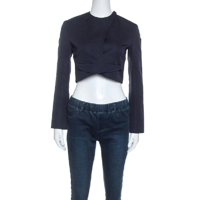 Pre-owned Dior Navy Blue Crepe Overlap Buttoned Cropped Blazer S