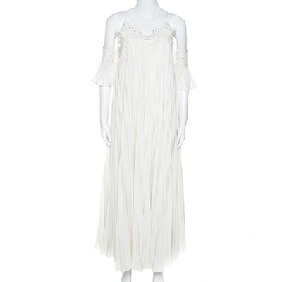 Pre-owned Self-portrait White Crepe Pleated Lace Trimmed Off Shoulder Dress L